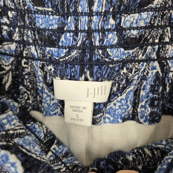 J. Jill Maxi Skirt Sz S Petite Blue White Print Elastic Waist Tassels Hem Boho - Picture 8 of 13